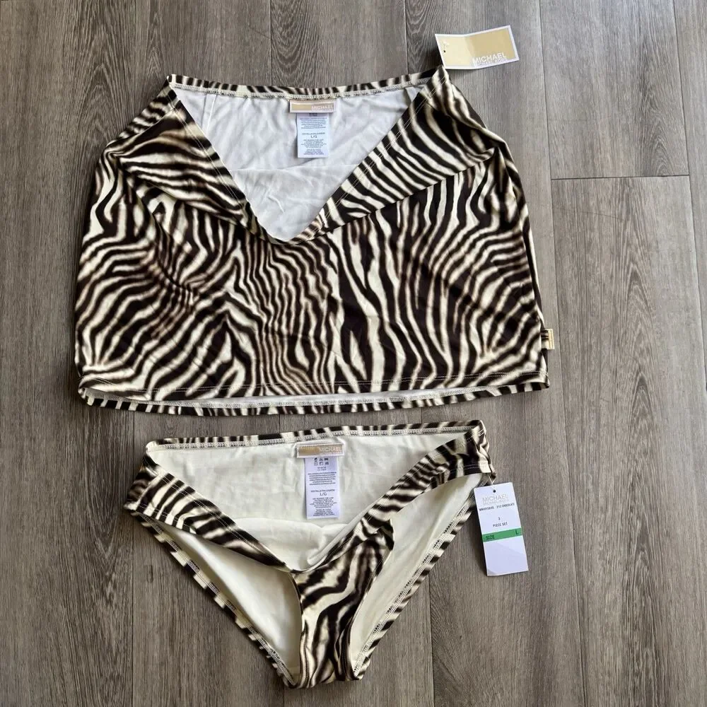 NWT 2 Piece Michael Kors Sz L Bottoms & Skirt Striped Chocolate Zebra Swimsuit